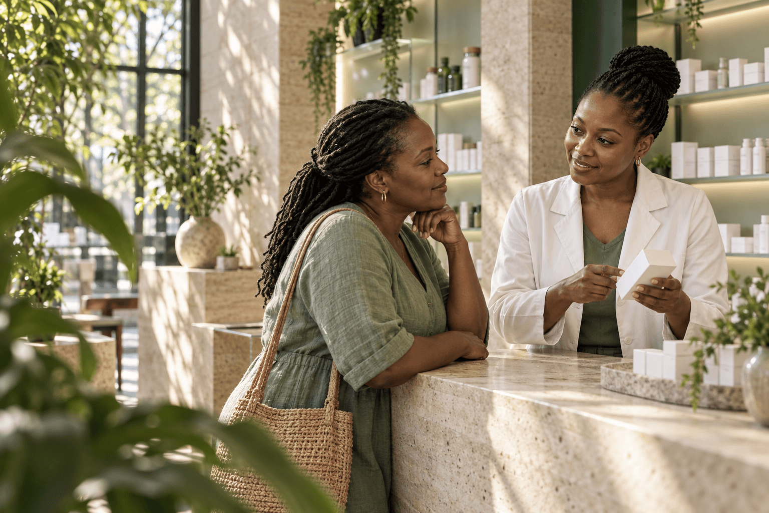 Illustrative scene of a pharmacist helping a customer